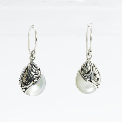 teardrop earrings 925 sterling silver decorated with white shell and filigree ornament