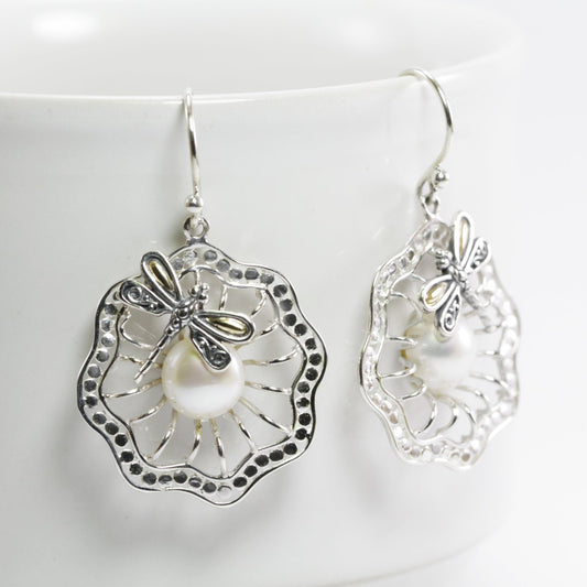 silver flower earrings 925 sterling silver with dragonfly ornament and fresh water pearl