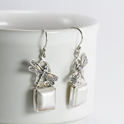 square pearl earrings set in 925 sterling silver decorated with two tone dragonfly ornament 18 K gold