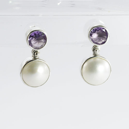 amethyst earrings stud 925 sterling silver with white mabe pearl dangle