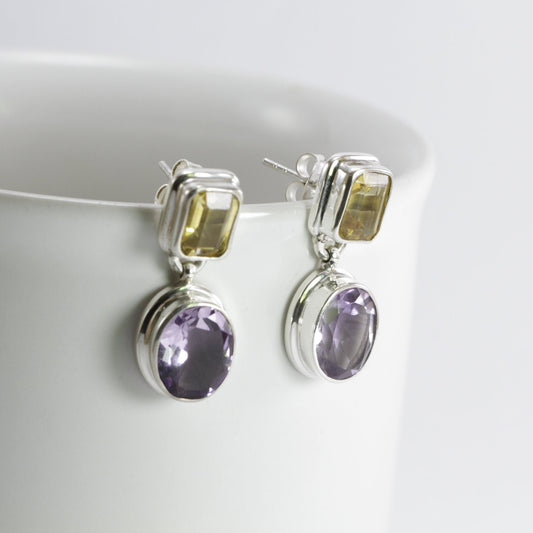 two stone earrings stud set in 925 sterling silver, amethyst stud and citrine