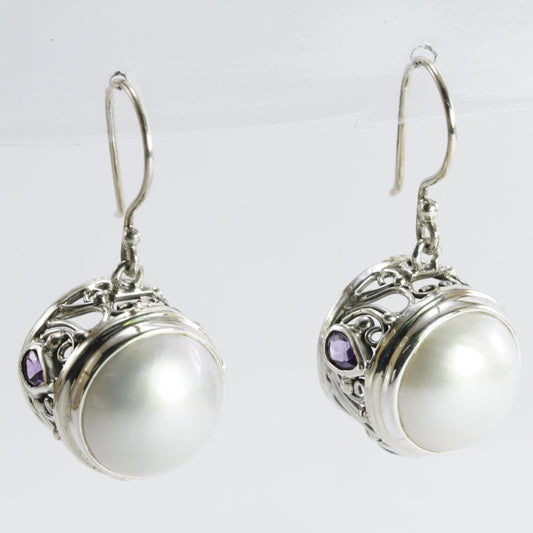 round white mabe pearl earrings decorated with genuine teardrop amethyst set in 925 sterling silver