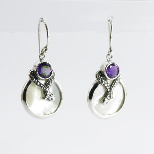 amethyst earrings 925 sterling silver with genuine white mother of pearl and snake ornament