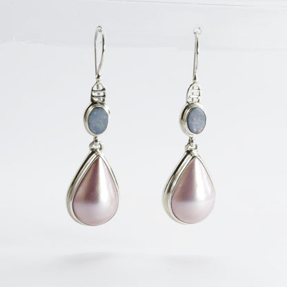 pink mabe pearl earrings 925 sterling silver with genuine opal, teardrop pearl earrings