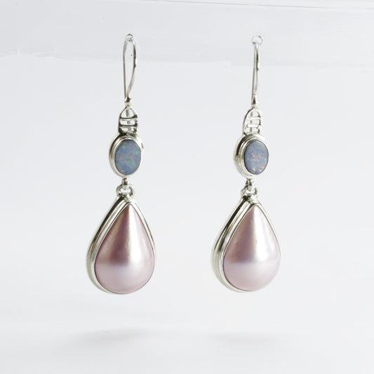 pink mabe pearl earrings 925 sterling silver with genuine opal, teardrop pearl earrings