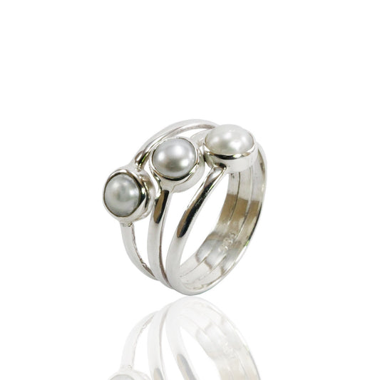Handmade triple pearl ring bezel set in 925 sterling silver, genuine round fresh water pearl ring