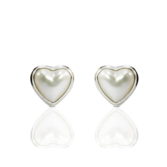 Heart Shape pearl stud earrings set in 925 sterling silver double bezel