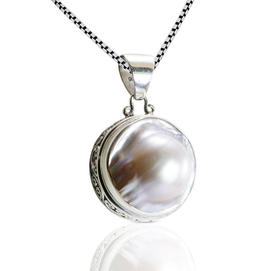 Genuine LARGE round 25 mm South sea Blister pearl set in 925 sterling silver pendant decorated with swirl bali filigree