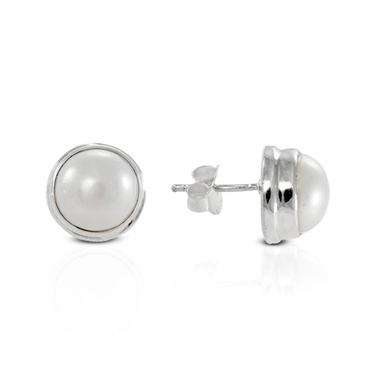 white mabe pearl  stud earrings round 10 mm double bezel set in 925 sterling silver push back stud earrings,