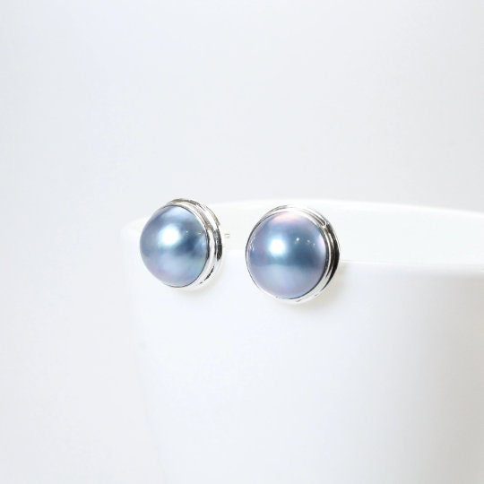 Blue mabe pearl earrings stud 925 sterling silver handmade bezel set 15 mm large