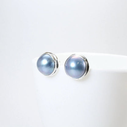 Blue mabe pearl earrings stud 925 sterling silver handmade bezel set 15 mm large