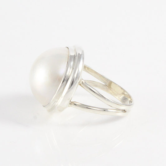 white mabe pearl ring, split shank ring design in 925 sterling silver with genuine white  Pacific Ocean mabe pearl,