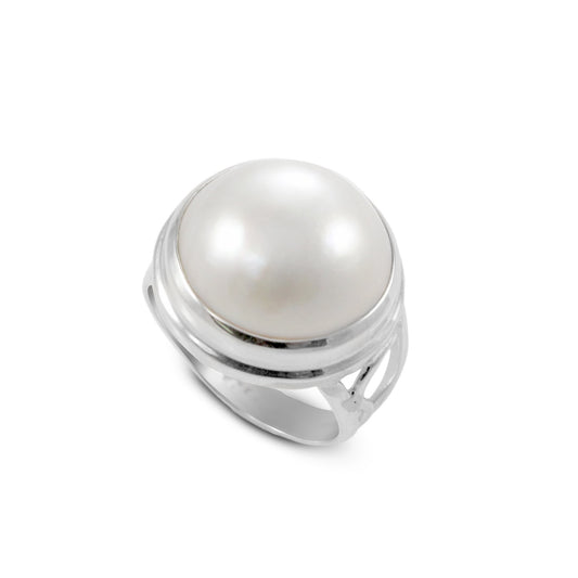 Bali Handmade split shank ring design in 925 sterling silver with genuine white  Pacific Ocean mabe pearl, 16 MM white mabe pearl ring,