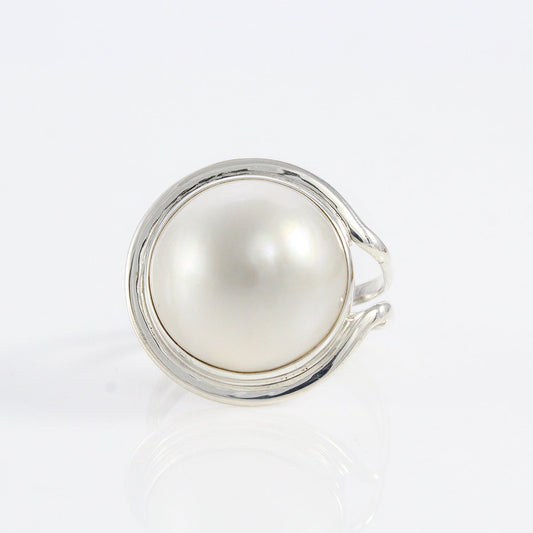 Handmade band split shank ring design in 925 sterling silver with genuine white  Pacific Ocean mabe pearl, 16 MM white mabe pearl ring,