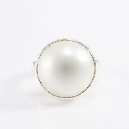 Handmade ring design 925 sterling silver with genuine cultured white mabe pearl, white mabe pearl ring, enchanting 16 mm round white mabe