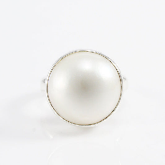 Handmade ring design 925 sterling silver with genuine cultured white mabe pearl, white mabe pearl ring, enchanting 16 mm round white mabe