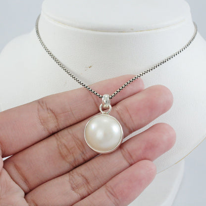 Genuine round white mabe pearl set in 925 sterling silver pendant, Pacific Ocean Mabe pearl 16 mm round