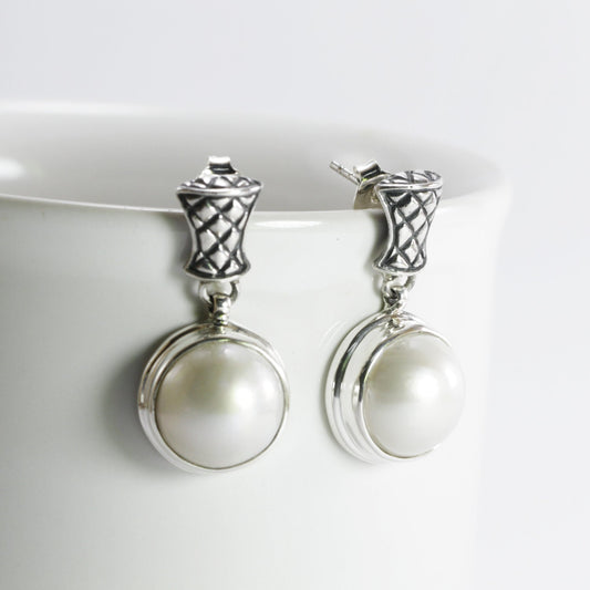 white mabe pearl earrings set in 925 Sterling silver dangle drop