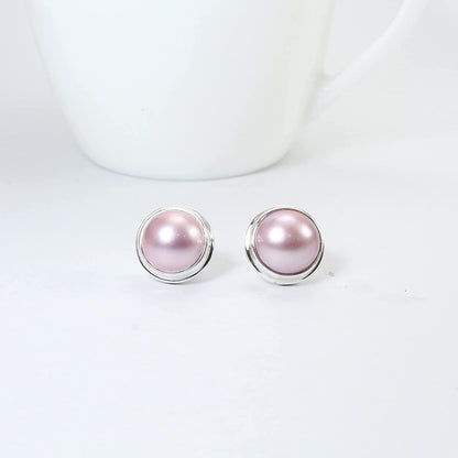 pink mabe pearl earrings stud Round 13 mm set in handmade double bezel 925 sterling silver