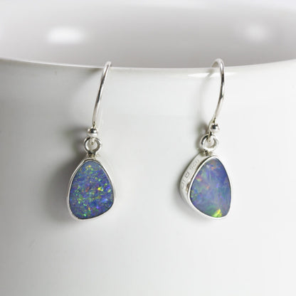 Australian opal dangle earrings bezel set in 925 sterling silver, blue fire opal earrings