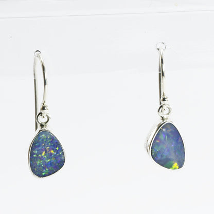Australian opal dangle earrings bezel set in 925 sterling silver, blue fire opal earrings