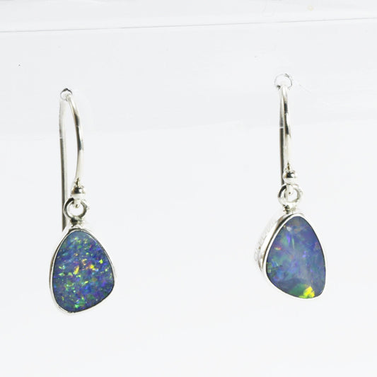 Australian opal dangle earrings bezel set in 925 sterling silver, blue fire opal earrings
