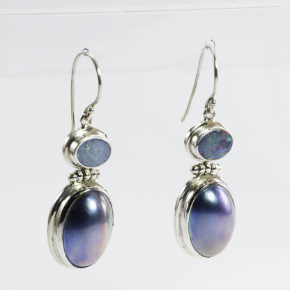 oval mabe pearl earrings 925 sterling silver with Australian opal dangle earrings