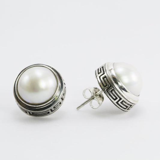 white mabe pearl stud earrings set in Bali handmade 925 sterling silver decorated with Bali line art 13 mm round