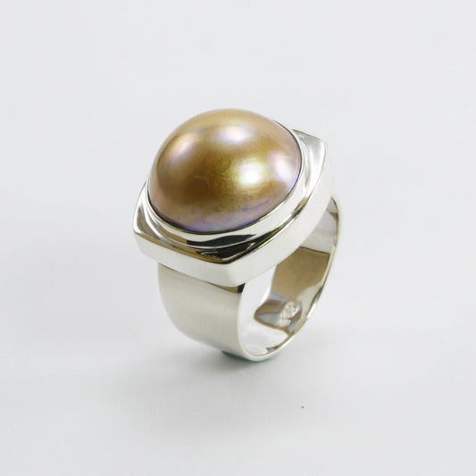 Rare round Golden mabe pearl 16 mm set in 925 sterling silver ring, handmade wide band ring with gold mabe pearl