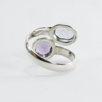 bypass ring with round blue topaz and amethyst bezel set in 925 sterling silver, adjustable promise ring