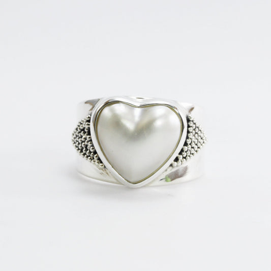 Handmade wide band ring design 925 sterling silver with genuine heart shape cultured white mabe pearl, white mabe pearl ring,