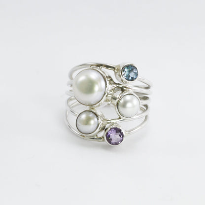 multi stone ring with amethyst, blue topaz, fresh water pearl set in 925 sterling silver handmade split shank style