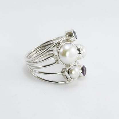 multi stone ring with amethyst, blue topaz, fresh water pearl set in 925 sterling silver handmade split shank style