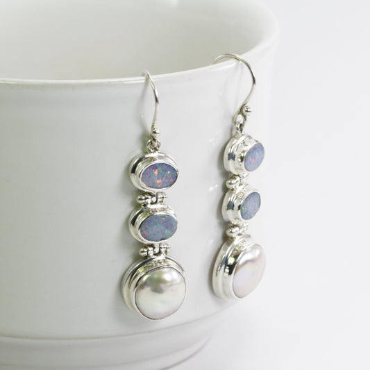 opal earrings dangle set in 925 sterling silver with genuine baroque pearl
