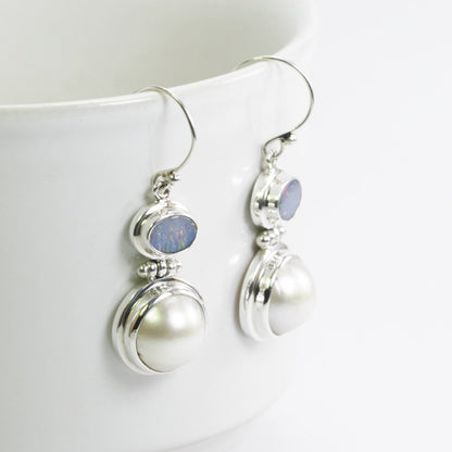 Australian opal earrings 925 sterling silver with genuine round mabe pearl bezel set