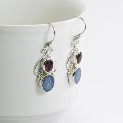 Australian opal dangle earrings set in 925 sterling silver combined with natural pink tourmaline