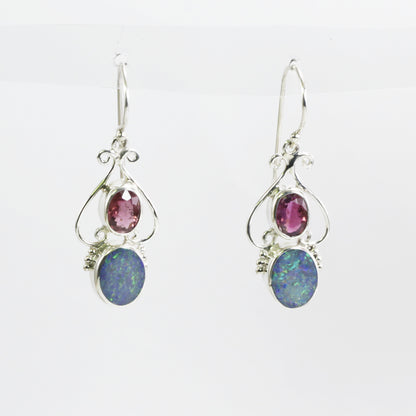 Australian opal dangle earrings set in 925 sterling silver combined with natural pink tourmaline