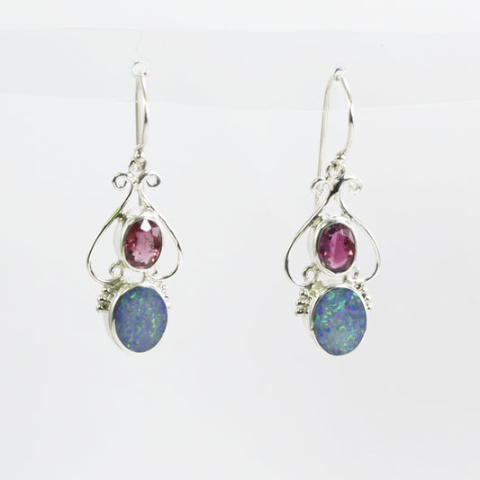 Australian opal dangle earrings set in 925 sterling silver combined with natural pink tourmaline