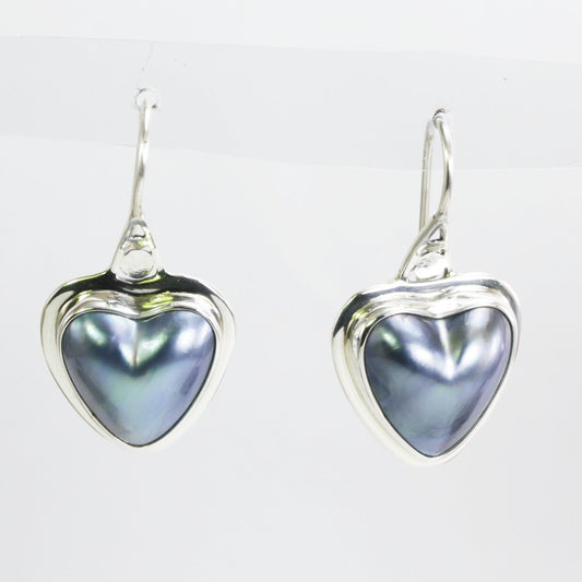 heart shape mabe pearl dangle drop earrings set in handmade 925 Sterling silver decorated with leaf style