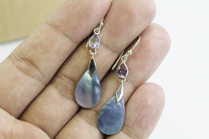 dangle drop earrings with genuine blue mother of pearl and natural drop amethyst set in 925 sterling silver,