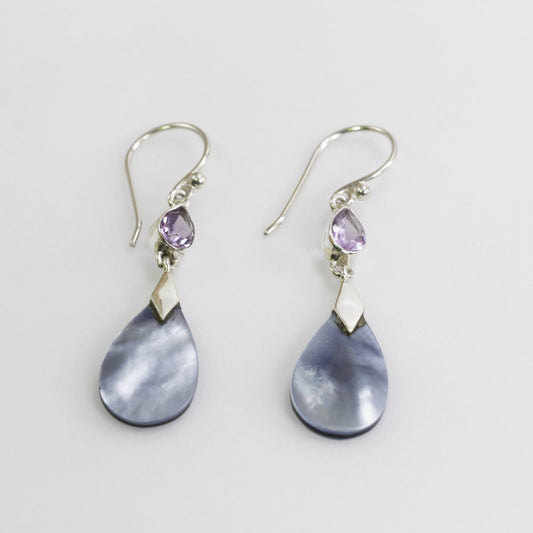 dangle drop earrings with genuine blue mother of pearl and natural drop amethyst set in 925 sterling silver,