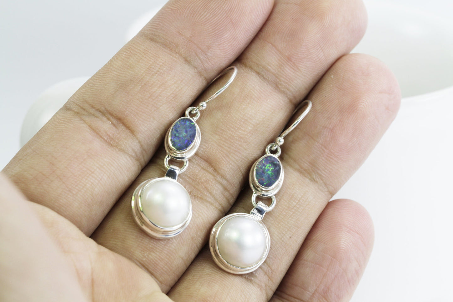 opal earrings 925 sterling silver with genuine freshwater pearl dangle drop