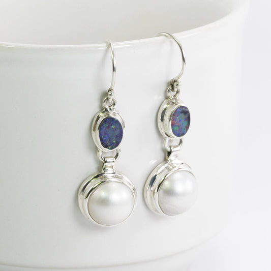 opal earrings 925 sterling silver with genuine freshwater pearl dangle drop