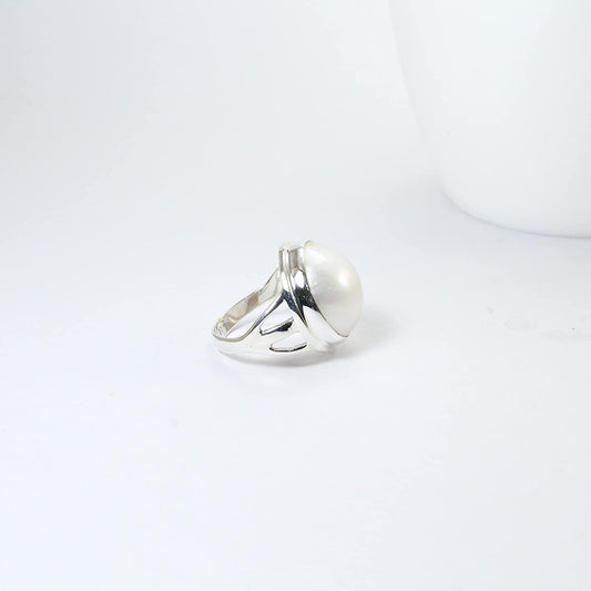 Bali Handmade triple shank ring design in 925 sterling silver with genuine white  Pacific Ocean mabe pearl, 16 MM white mabe pearl ring,