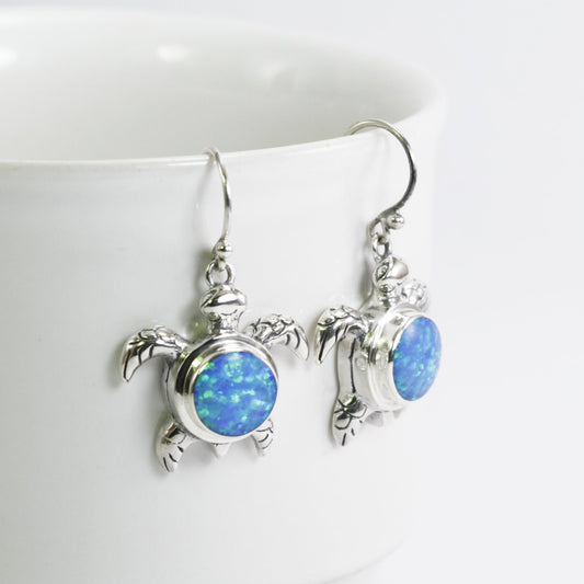 silver turtle earrings 925 sterling silver decorated with created opal