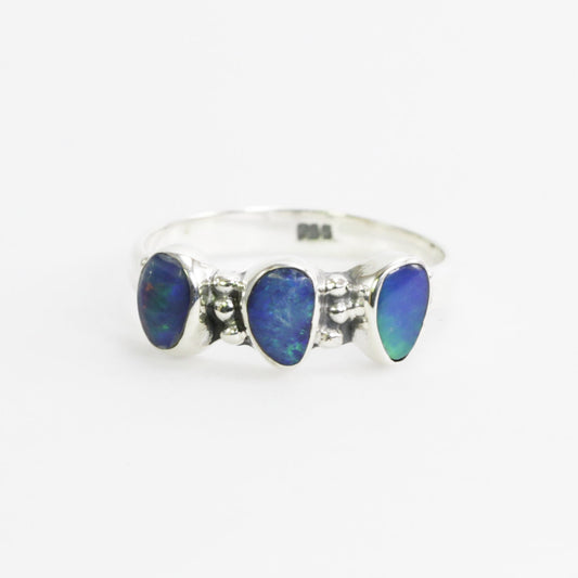 opal ring set in 925 sterling silver ring, three stones ring, Australian Opal ring
