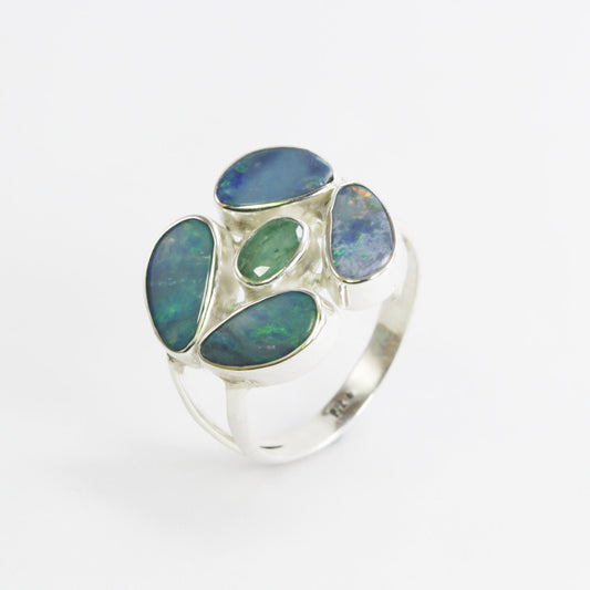 multi stone ring 925 sterling silver with natural Australian opal and genuine green emerald