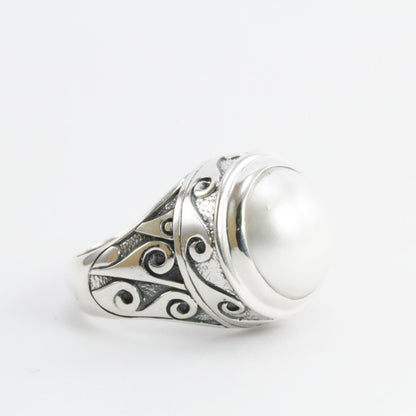 Bali Handmade ring 925 sterling silver with bezel set genuine 13 mm white mabe pearl decorated with beautiful sea wave art carving