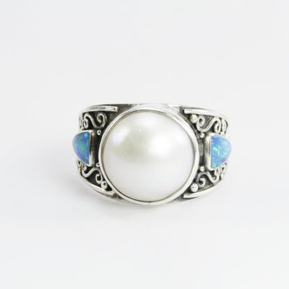 LUX white Mabe pearl ring decorated with handmade filigree and formed blue opal set in 925 sterling silver, 12 mm mabe pearl ring