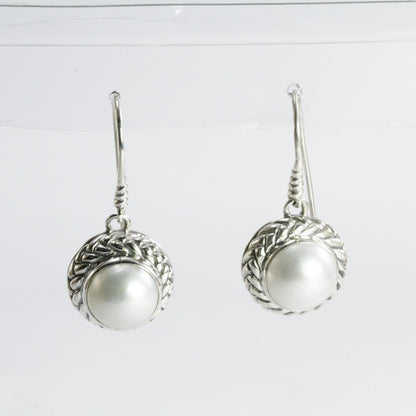 Beautiful white mabe pearl dangle drop earrings set in handmade woven edge carving art 925 sterling silver